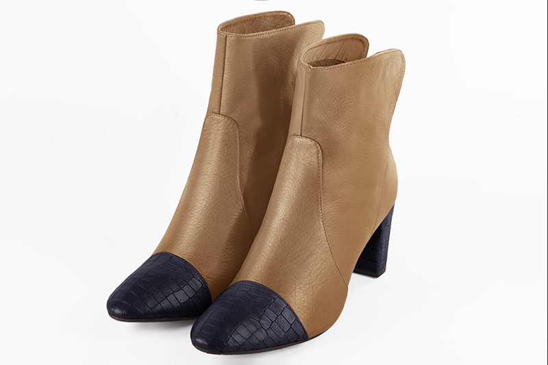 Navy blue and camel beige women's ankle boots with a zip at the back. Round toe. Medium block heels. Front view - Florence KOOIJMAN